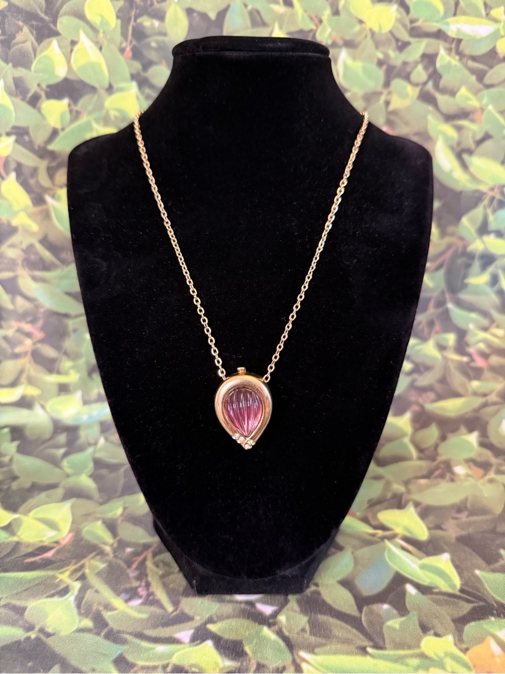Vintage MONET Gold Perfume Locket Necklace Pink Ribbed Glass Rhinestone Accent